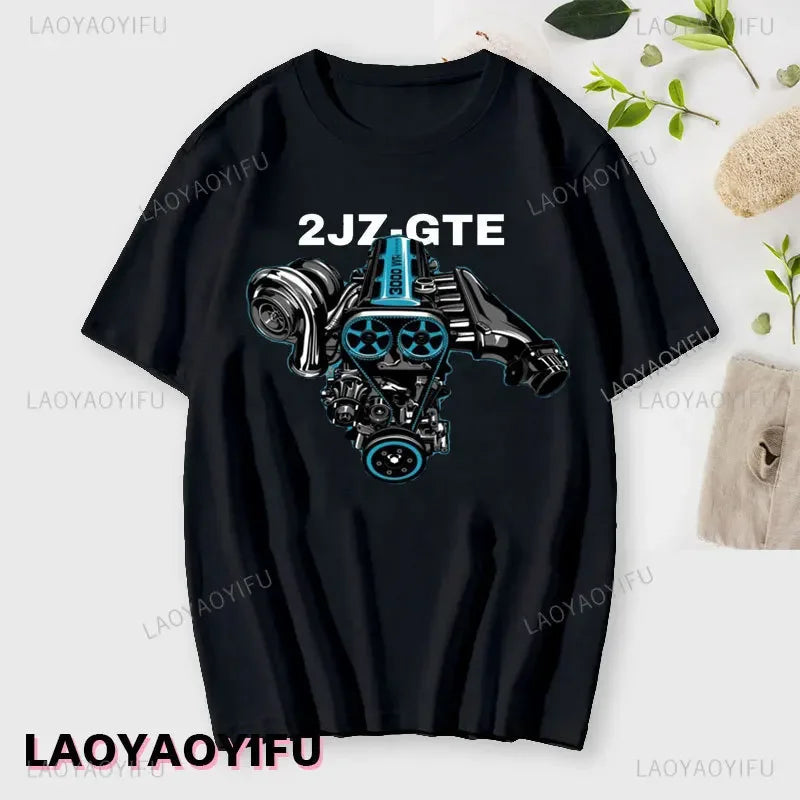 Japan Car 2JZ Engine Turbo Tuning JDM Printing T-Shirt Summer Fashion Casual Cotton O-Neck Mens Tshirt Personality Mans Clothing Kaiz Boutique