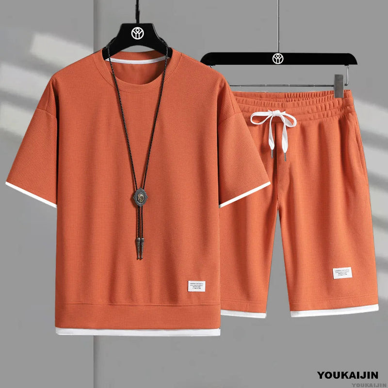 2025 Sports Fashion Casual Men's Suit Summer Korean Men's Waffle Short-sleeved T-shirt + Five-point Shorts Two-piece Set Kaiz Boutique