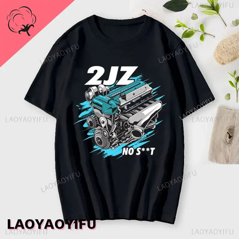 Japan Car 2JZ Engine Turbo Tuning JDM Printing T-Shirt Summer Fashion Casual Cotton O-Neck Mens Tshirt Personality Mans Clothing Kaiz Boutique