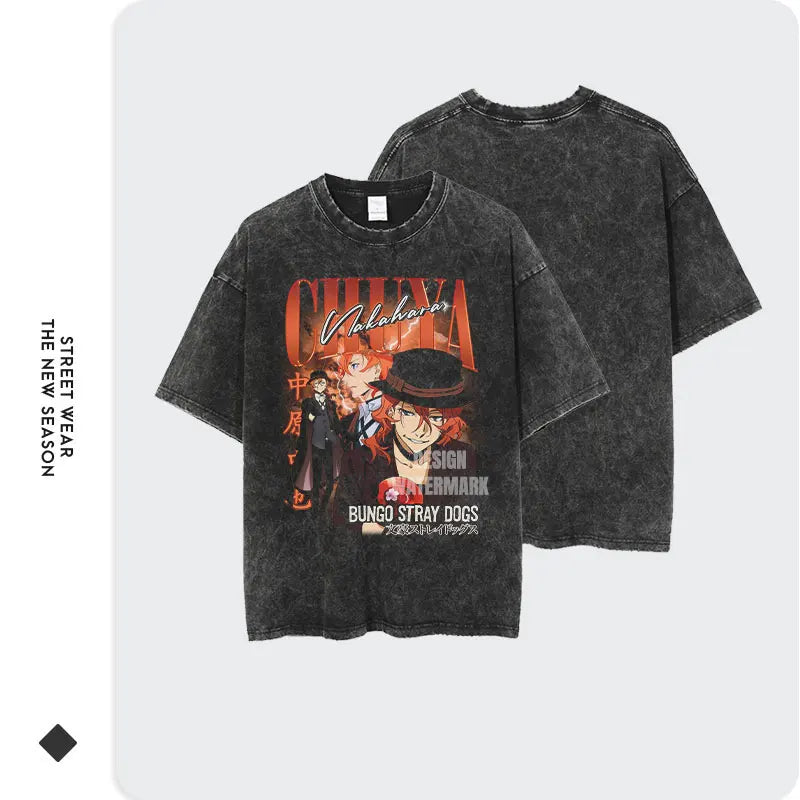 Nakahara Chuuya T-shirt Vintage Washed Anime T Shirts Oversized Streetwear Dazai Osamu Atsushi Retro Tops Tees Men 100% Cotton Kaiz Boutique