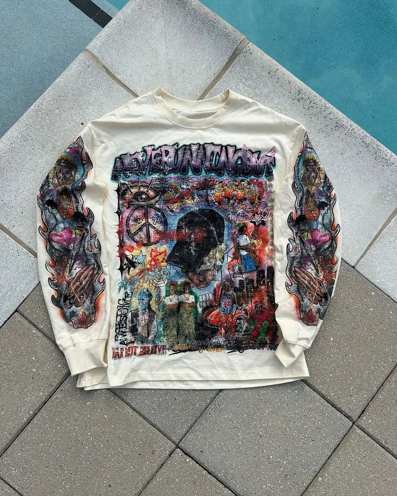 High Street Trendy Streetwear Tops Harajuku Punk Retro Pattern Printed Oversized T-shirt Men Hip-hop Casual Loose Long Sleeves Kaiz Boutique