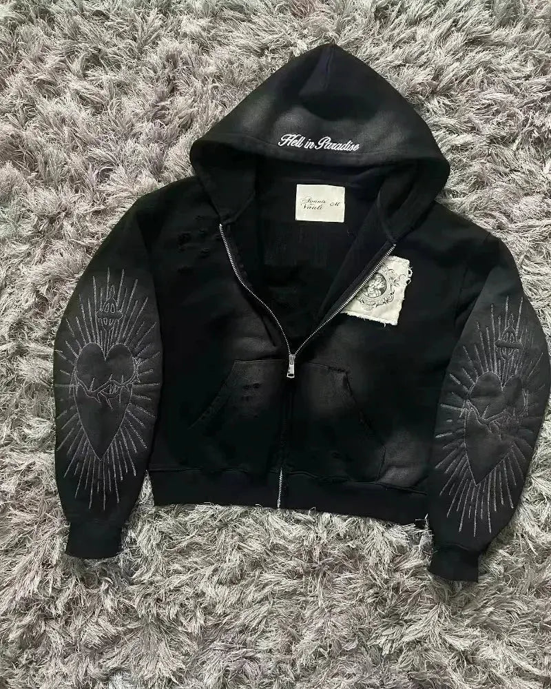 American Fashion Hip Hop Letter Embroidered Zipper Hoodie Men Street Y2K New Casual Loose Fleece Padded Sweatshirt Unisex Hoodie Kaiz Boutique