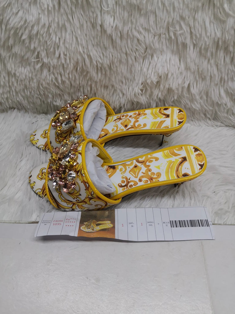 Yellow Prints Stiletto Slippers for Women Rhinestone Open Toe Summer Shoes Med Heels Bohemian Vacation Party Crystal Shoes Kaiz Boutique
