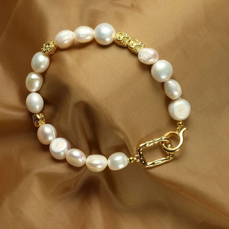 14k Gold Plated 8-9mm Baroque Natural Freshwater Pearl Bracelets Women's Hand Bracelet Jewelry Gift for Birthday Anniversary Kaiz Boutique