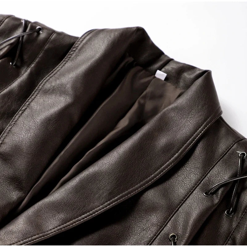 Faux Leather Brown Women Jackets 2025 Belt Lace Up Lapel Female Coat Vintage Casual Spring One Button Long Sleeve Lady Outwear Kaiz Boutique