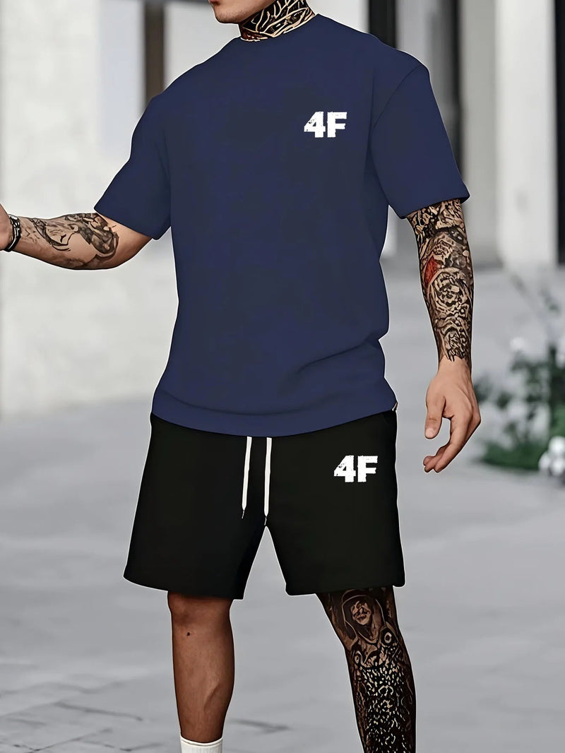 Men's Summer Fashionable Casual T-Shirt And Shorts Set Loose 4F Pattern Printed Sporty Round-Neck Short-Sleeved Outfit Kaiz Boutique