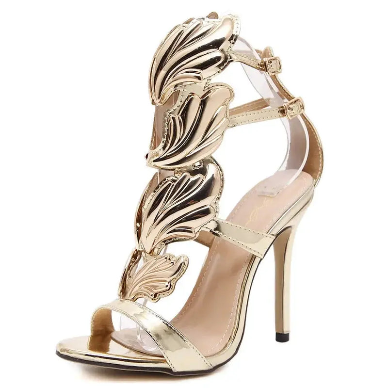 Rome Style Metal Wings Stiletto Women's Sandals Gold Patent Leather High Heels Fashion Ladies Open Toe Double Buckle Party Shoes Kaiz Boutique