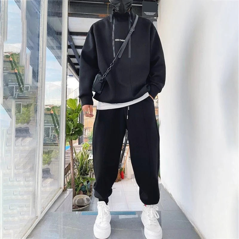 Men's Hip-Hop Tracksuit – Solid Color, Two-Piece Set.