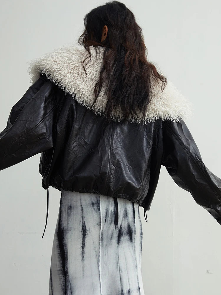 [EAM] Black Big Size PU Leather Jacket New Removable Fur Collar Long Sleeve Women Coat Fashion Tide Spring Autumn 2025 1DH2121 Kaiz Boutique