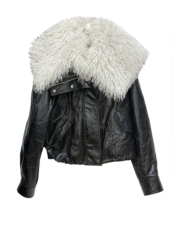 [EAM] Black Big Size PU Leather Jacket New Removable Fur Collar Long Sleeve Women Coat Fashion Tide Spring Autumn 2025 1DH2121 Kaiz Boutique
