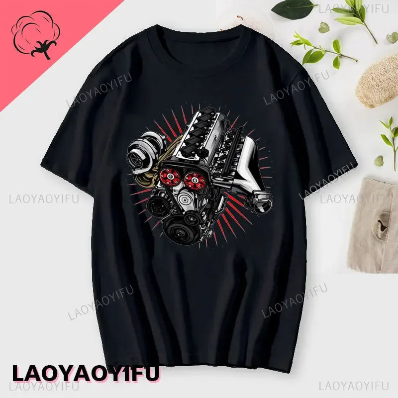Japan Car 2JZ Engine Turbo Tuning JDM Printing T-Shirt Summer Fashion Casual Cotton O-Neck Mens Tshirt Personality Mans Clothing Kaiz Boutique