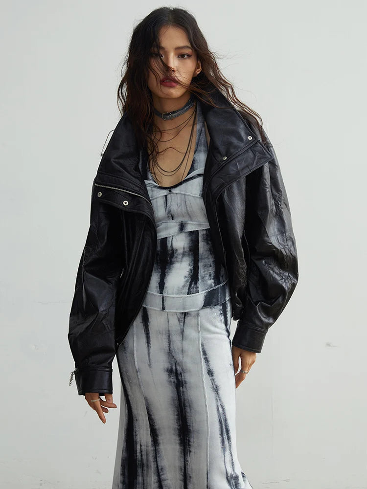 [EAM] Black Big Size PU Leather Jacket New Removable Fur Collar Long Sleeve Women Coat Fashion Tide Spring Autumn 2025 1DH2121 Kaiz Boutique