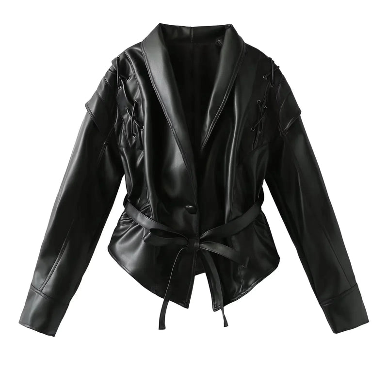 Faux Leather Brown Women Jackets 2025 Belt Lace Up Lapel Female Coat Vintage Casual Spring One Button Long Sleeve Lady Outwear Kaiz Boutique