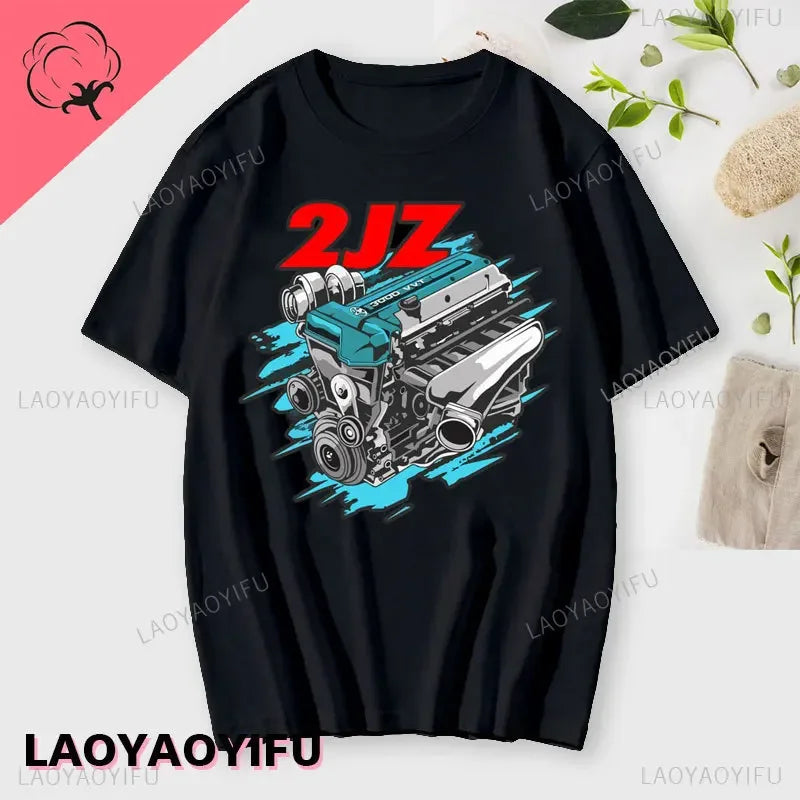 Japan Car 2JZ Engine Turbo Tuning JDM Printing T-Shirt Summer Fashion Casual Cotton O-Neck Mens Tshirt Personality Mans Clothing Kaiz Boutique