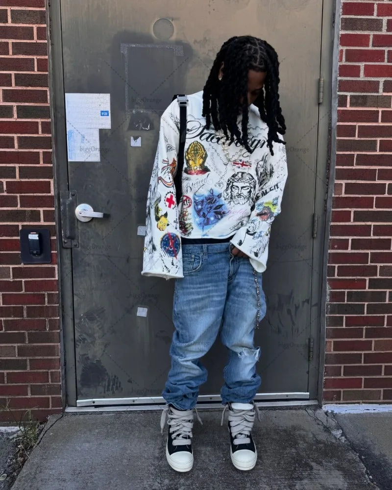High Street Trendy Streetwear Tops Harajuku Punk Retro Pattern Printed Oversized T-shirt Men Hip-hop Casual Loose Long Sleeves Kaiz Boutique