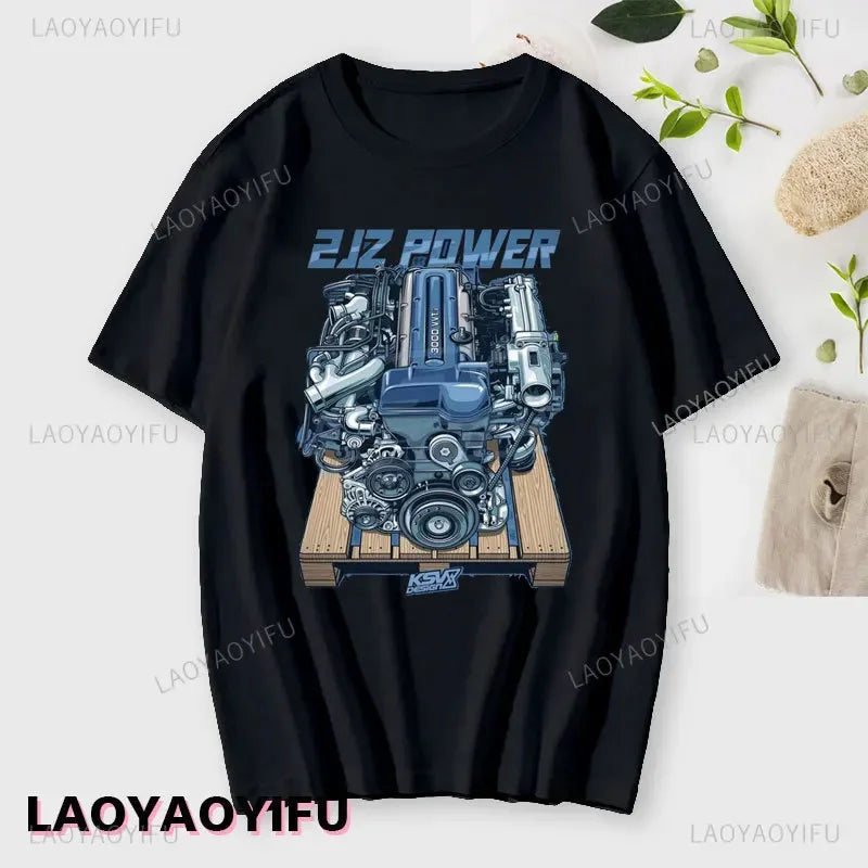 Japan Car 2JZ Engine Turbo Tuning JDM Printing T-Shirt Summer Fashion Casual Cotton O-Neck Mens Tshirt Personality Mans Clothing Kaiz Boutique
