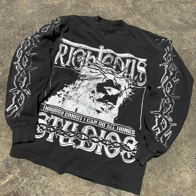 High Street Trendy Streetwear Tops Harajuku Punk Retro Pattern Printed Oversized T-shirt Men Hip-hop Casual Loose Long Sleeves Kaiz Boutique