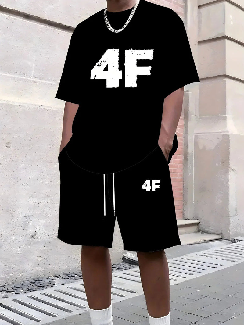 Men's Summer Fashionable Casual T-Shirt And Shorts Set Loose 4F Pattern Printed Sporty Round-Neck Short-Sleeved Outfit Kaiz Boutique