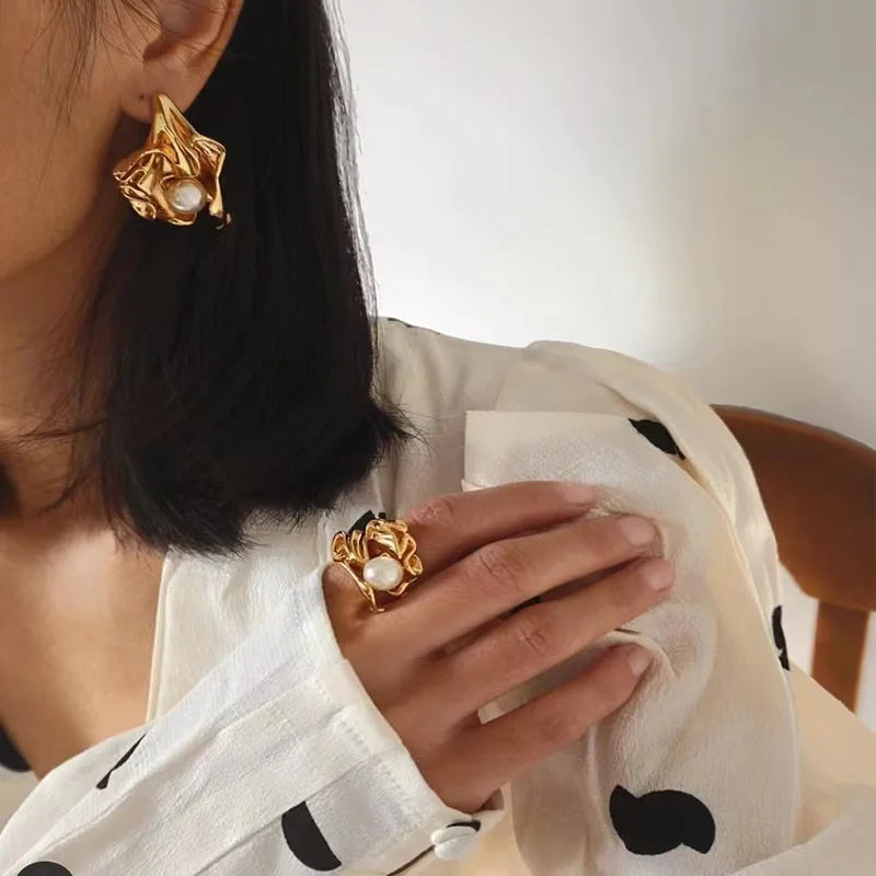Vintage Pearls Inlaid Flower Earrings Necklace Irregular Stainless Steel Thin Chain Elegant Double Layers Fashion Jewelry Women Kaiz Boutique