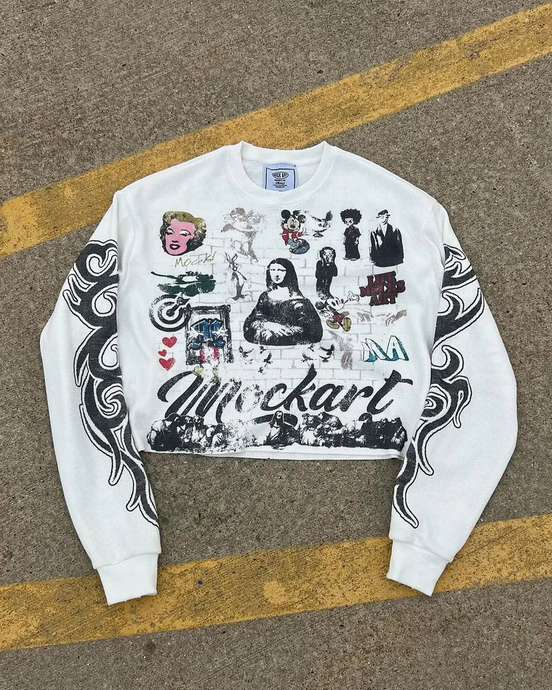 High Street Trendy Streetwear Tops Harajuku Punk Retro Pattern Printed Oversized T-shirt Men Hip-hop Casual Loose Long Sleeves Kaiz Boutique