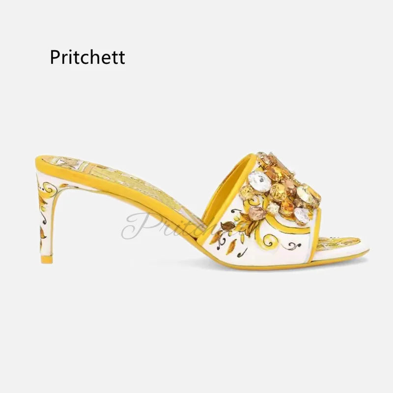 Yellow Prints Stiletto Slippers for Women Rhinestone Open Toe Summer Shoes Med Heels Bohemian Vacation Party Crystal Shoes Kaiz Boutique