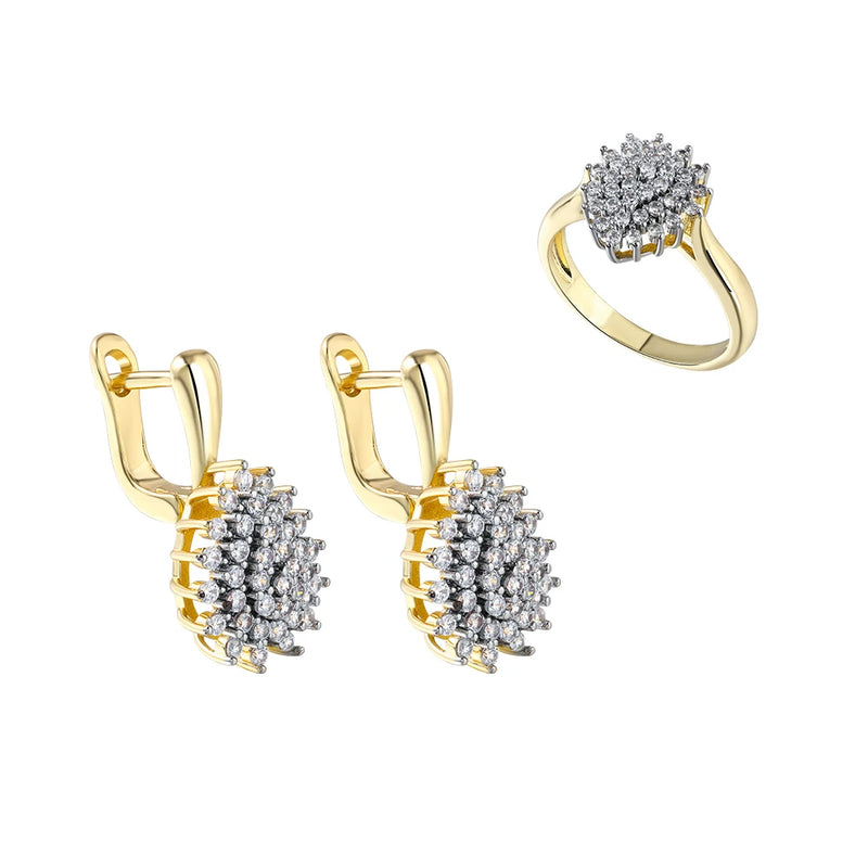 Inlaid Shiny Zircon Taper Design Bottom Hollow Copper Plated 18K Gold Earrings Ring suit Women Fashion High-end Gift Jewelry - Kaiz Boutique