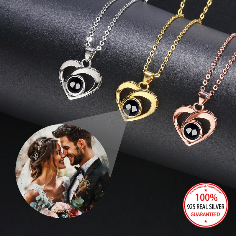 Necklace Love Heart Pendant in silver, gold, and rose gold, personalized with photo, perfect gift for moms and girlfriends.